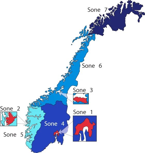 Norgeskart delt inn i soner for overvåkning av luftkvalitet